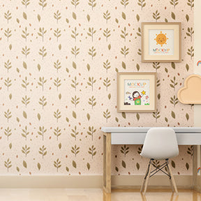 Close-up view of botanical green leaves mural wallpaper showing cream background detail