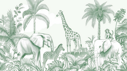 Kids-Mundo flat artwork preview of the full green line-art safari wall mural design.