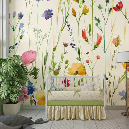 Kids-Mundo wildflower wall mural with green stems covering a kids bedroom wall