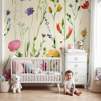Kids-Mundo green meadow wildflower wall mural made to measure in a calm nursery