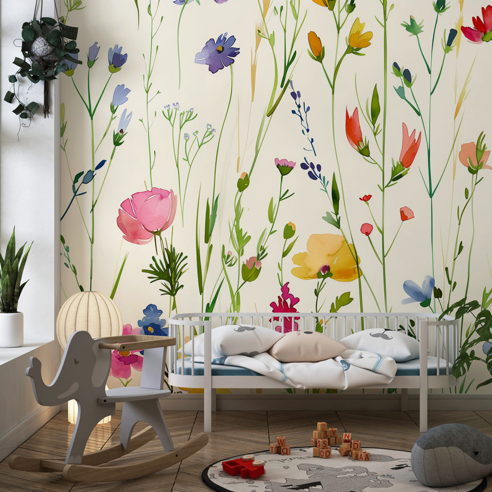 Kids-Mundo green meadow wildflower mural styled behind toy shelves in a playroom