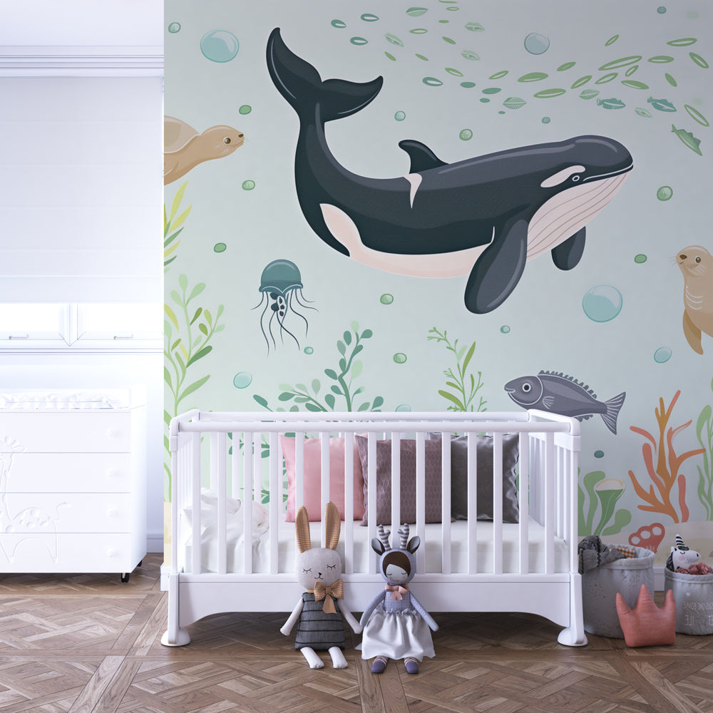 Kids-Mundo whale and turtle wall mural behind a bed in a fresh kids bedroom