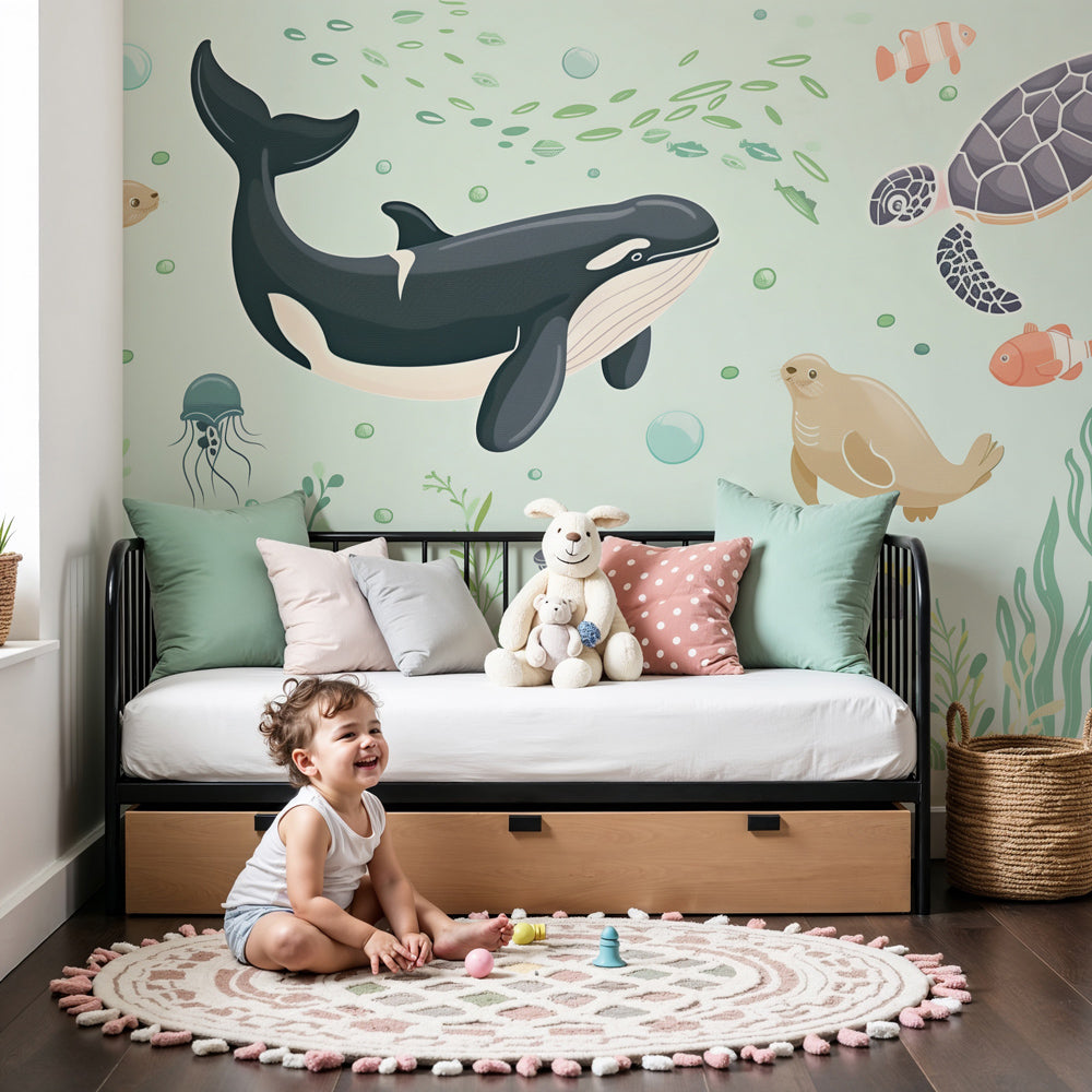 Kids-Mundo green ocean whale wall mural styled in a bright, playful nursery