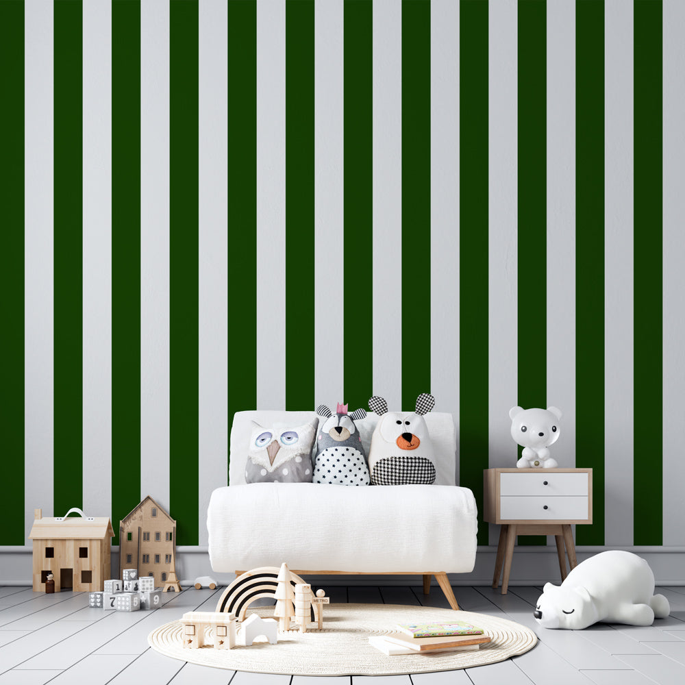 Sage green striped mural wallpaper creating serene atmosphere in children's bedroom decor