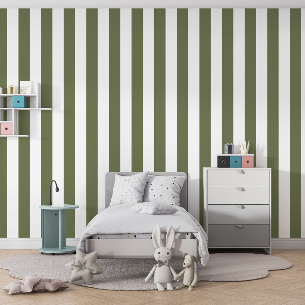 Elegant green stripe wallpaper with wood furniture in peaceful baby room setting