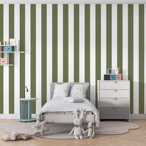 Elegant green stripe wallpaper with wood furniture in peaceful baby room setting
