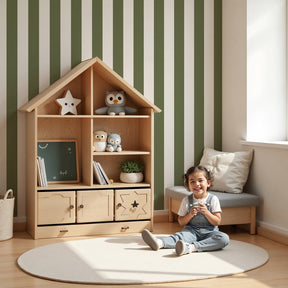 Green stripe mural wallpaper in elegant baby nursery with white crib by Kids-Mundo