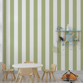 Green stripe wallpaper accent wall in bright kids playroom by Kids-Mundo
