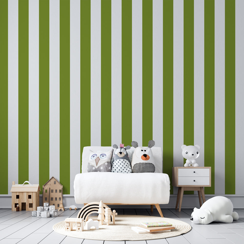 Modern green striped mural wallpaper transforming bright kids playroom space
