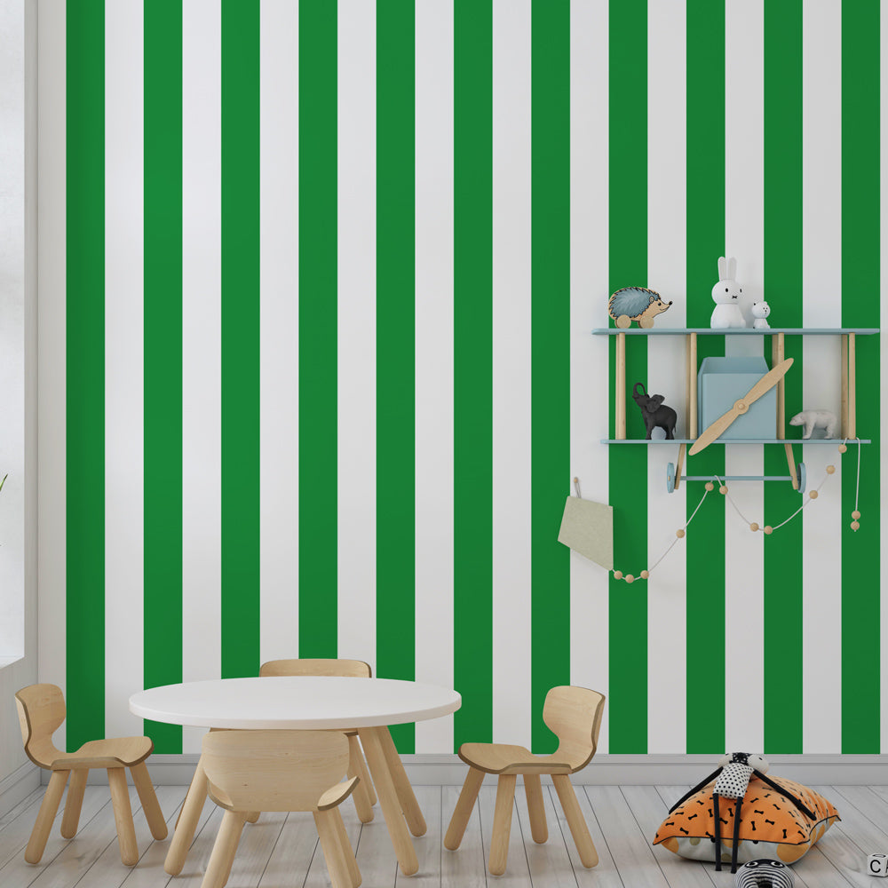 Dynamic green stripes wallpaper creating energetic atmosphere in children's bedroom decor