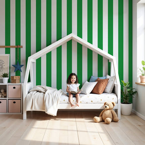 Green striped mural wallpaper in modern nursery room with natural wood furniture by Kids-Mundo
