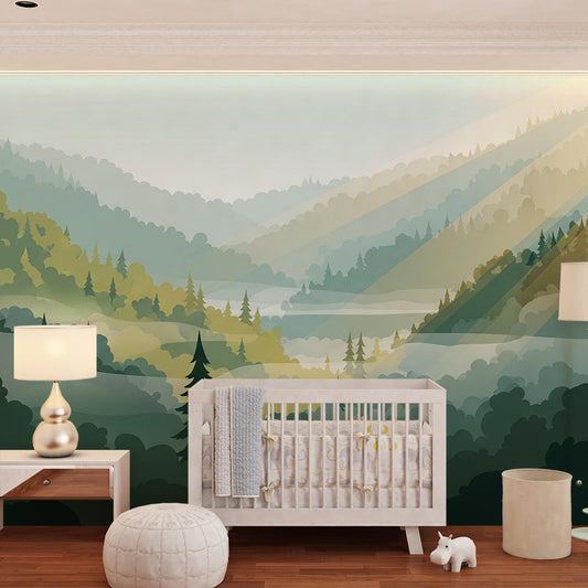 Kids-Mundo sunlit forest valley mural covering a wall in a child's green-themed bedroom