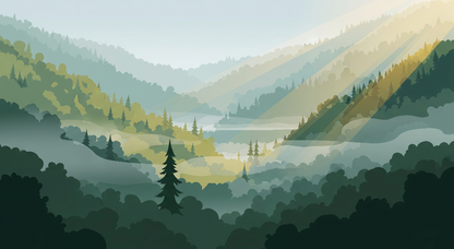 Kids-Mundo flat illustration of a misty green forest valley with sunbeams and layered mountains