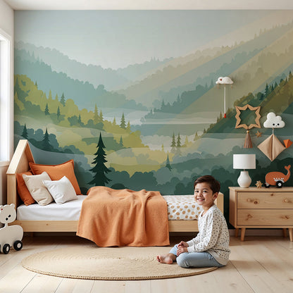 Kids-Mundo green forest valley wall mural with sunbeams behind a cot in a calm nursery