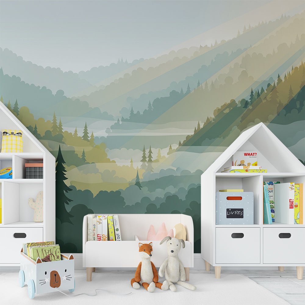 Kids-Mundo green mountain forest mural on a playroom wall behind a rug and toy baskets
