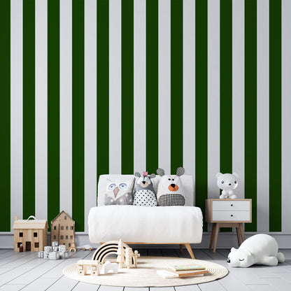 Kids-Mundo green stripe wall mural in a bright, tailored kids bedroom.