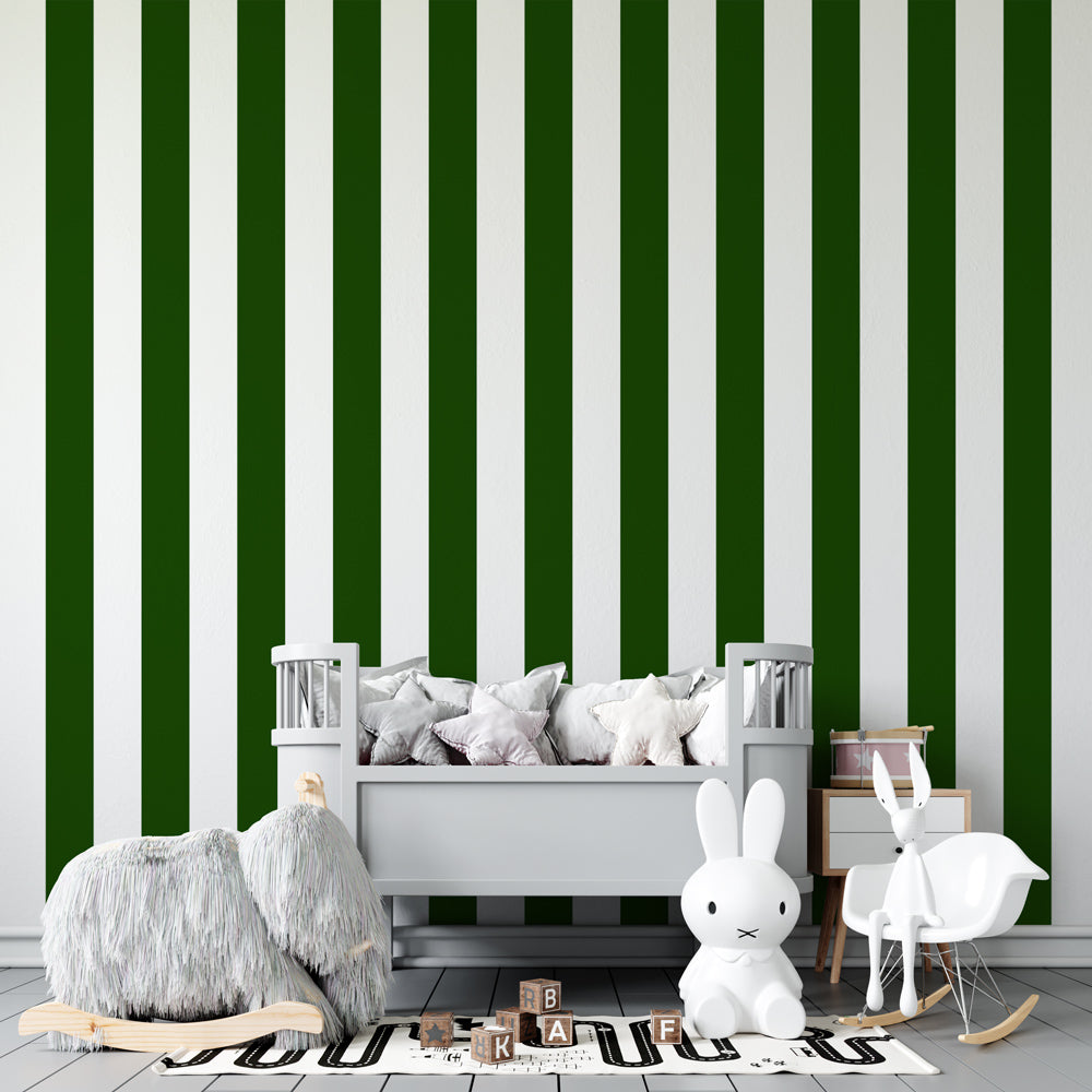 Kids-Mundo green and white striped wall mural in a lively children's playroom.