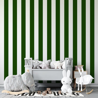 Kids-Mundo green and white striped wall mural in a lively children's playroom.