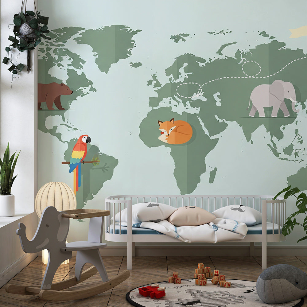 Kids-Mundo mint and green world map mural with elephant on a kids bedroom wall