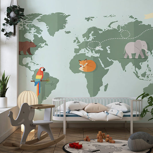 Kids-Mundo mint and green world map mural with elephant on a kids bedroom wall