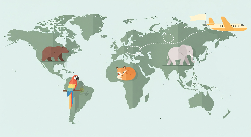 Green World Map with Airplane Trail and Animals Wall Mural