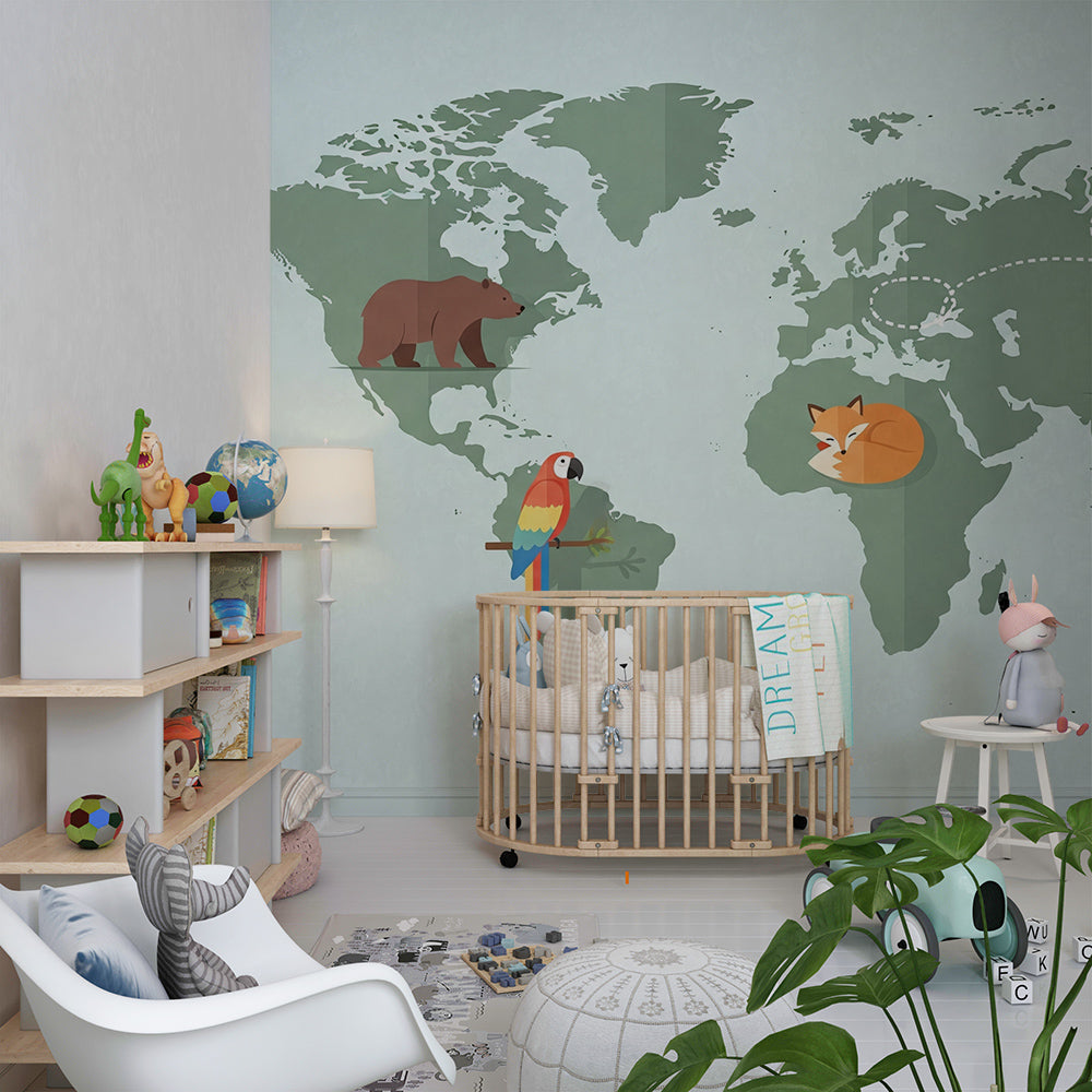 Kids-Mundo green world map mural with aeroplane trail in a playroom setting