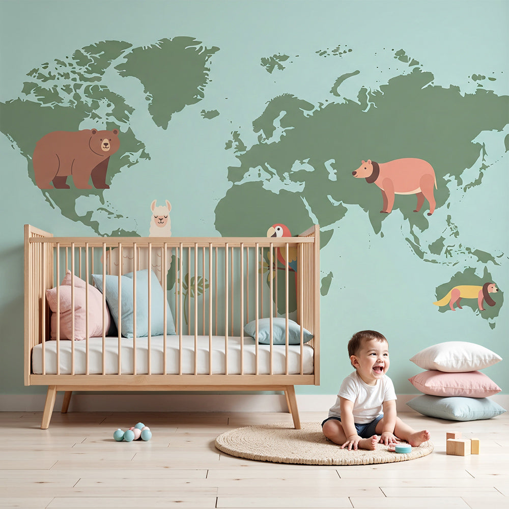 Kids-Mundo green world map animals wall mural above a cot in a calm nursery