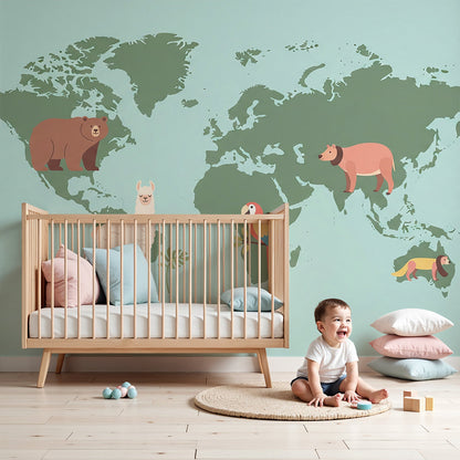 Kids-Mundo green world map animals wall mural above a cot in a calm nursery
