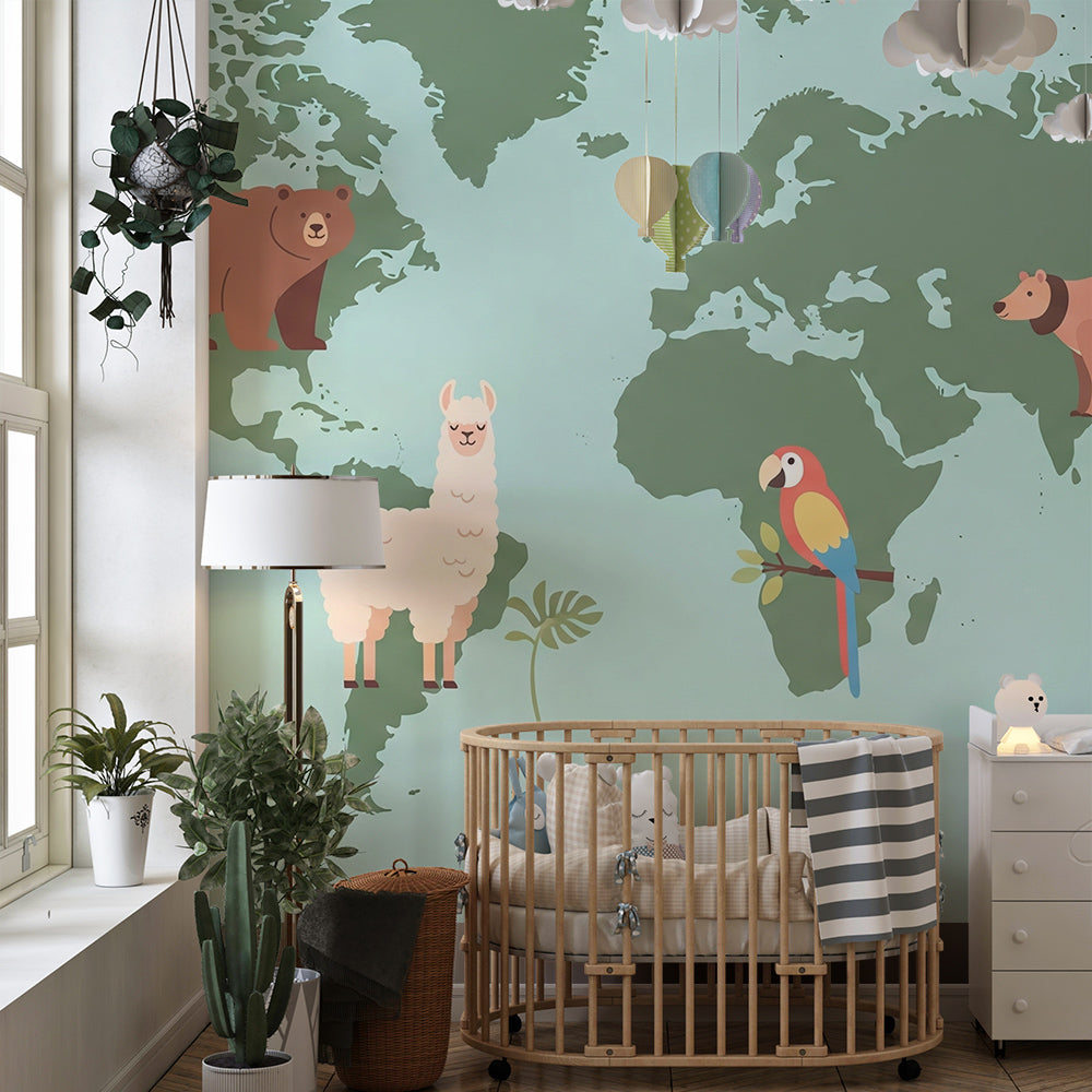Kids-Mundo green world map animals mural brightening a children's playroom wall
