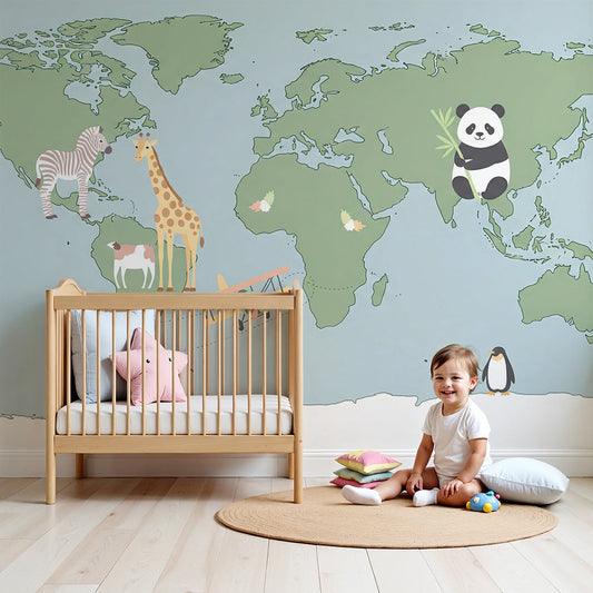 Green world map wall mural with biplane and giraffe painted in a Kids-Mundo nursery
