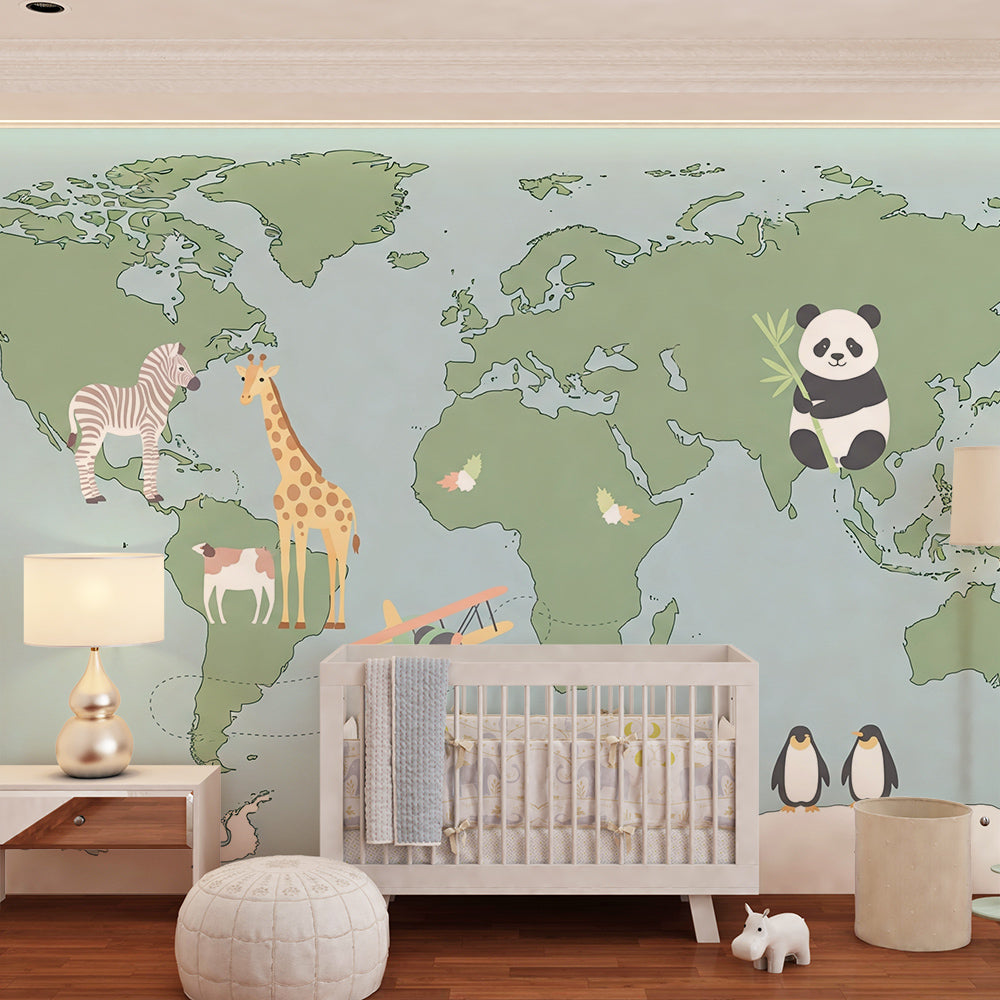 Playroom wall featuring the Kids-Mundo green world map mural with biplane and penguins
