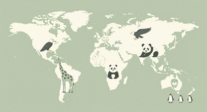 Kids-Mundo flat artwork of a sage green world map with an eagle, giraffe, rabbits, pandas and penguins
