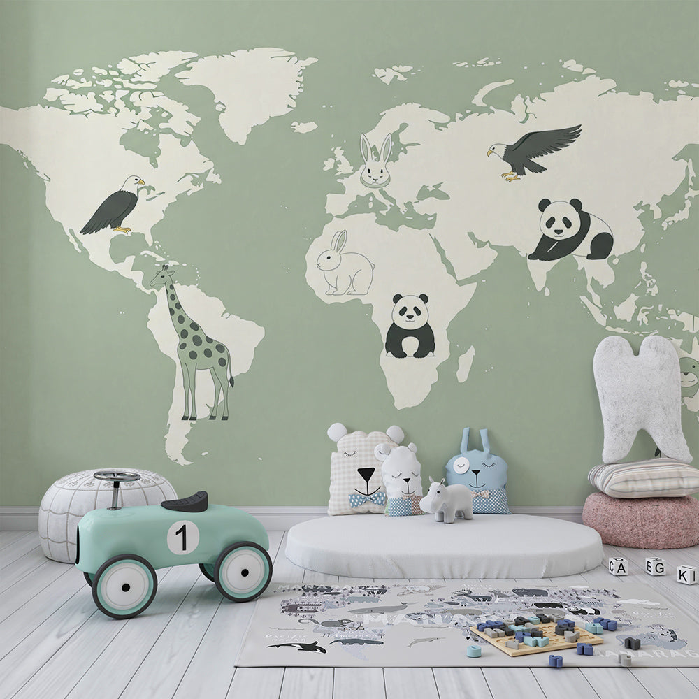 Kids-Mundo sage green world map wall mural bringing pandas and penguins into a children's playroom