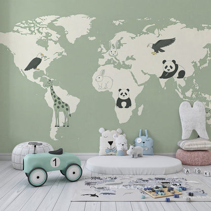 Kids-Mundo sage green world map wall mural bringing pandas and penguins into a children's playroom