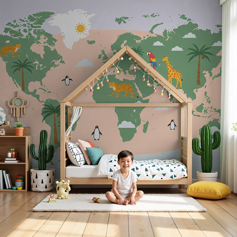 Kids-Mundo green world map wall mural with palm trees and cheetah artwork behind a nursery cot