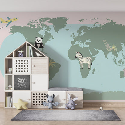 Kids-Mundo world map mural featuring a koala and plane in a fresh kids' bedroom