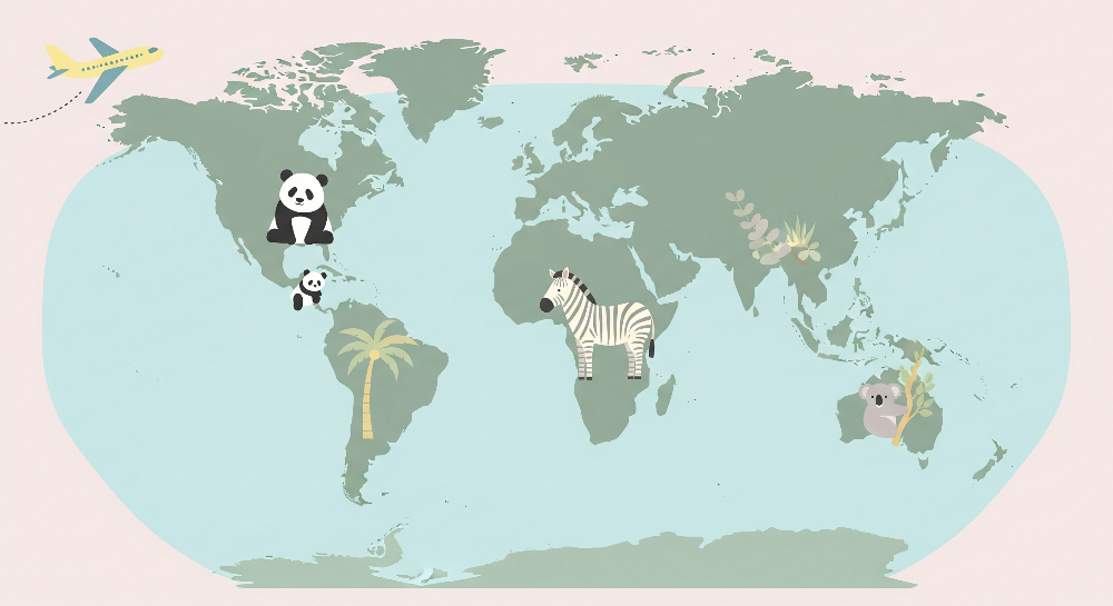Green World Map with Panda, Zebra and Koala Wall Mural