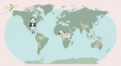 Kids-Mundo flat artwork of a green world map mural with panda, zebra and koala