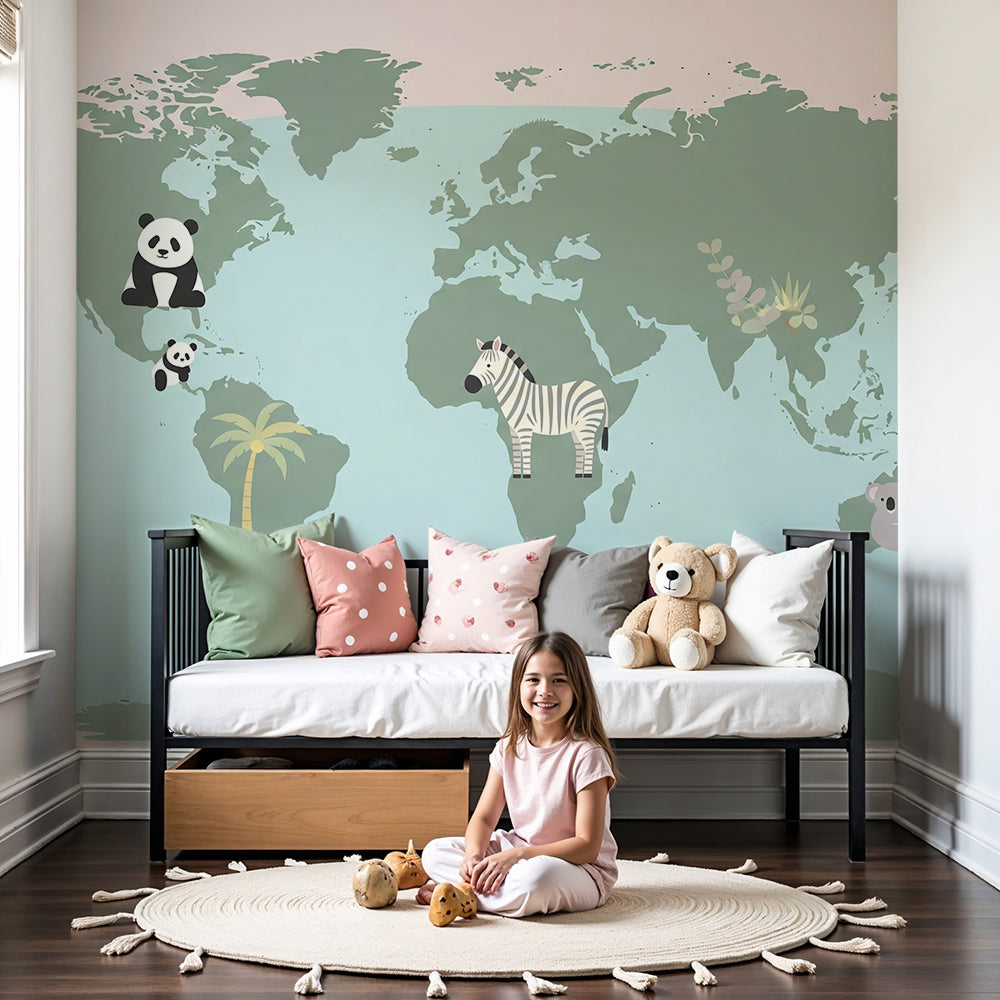 Kids-Mundo green world map wall mural with panda and zebra in a soft nursery
