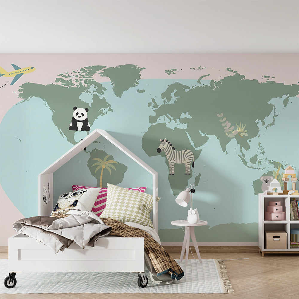 Kids-Mundo green world map wallpaper with jungle animals in a playful playroom