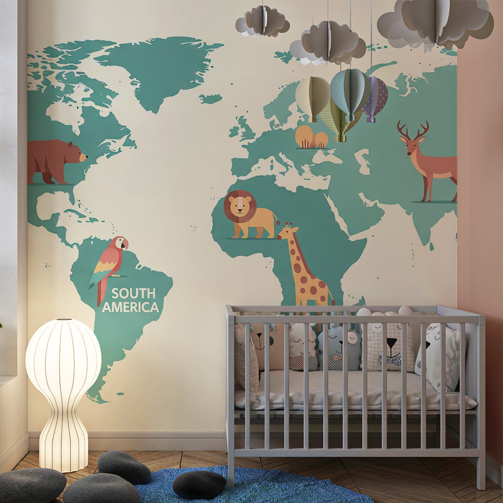 Kids-Mundo green world map mural with lion and giraffe in a kids bedroom