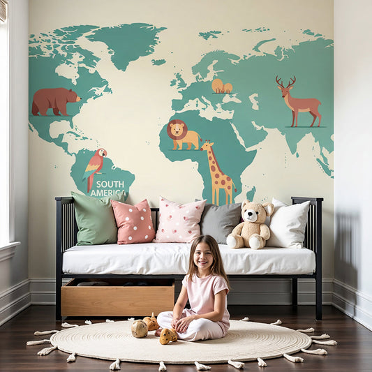 Kids-Mundo green world map wall mural in a warm cream nursery with cot and toys