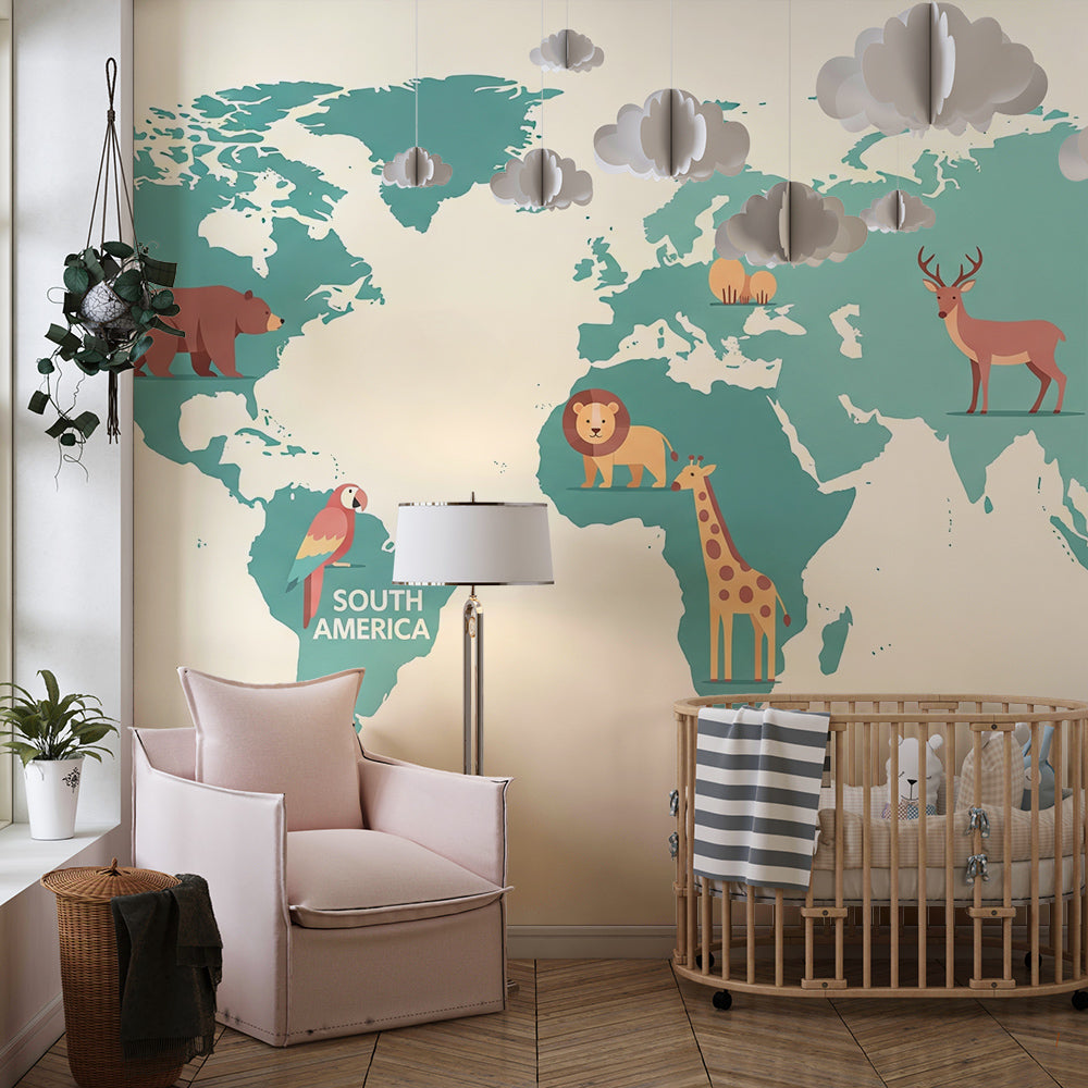 Kids-Mundo green safari world map mural brightening a children's playroom wall