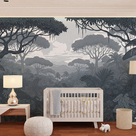 Kids-Mundo tropical jungle wall mural covering a bold feature wall in a kids bedroom