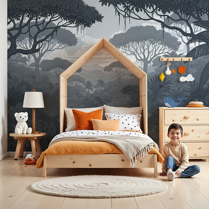 Kids-Mundo grey-blue jungle wall mural behind a cot in a calm, adventurous nursery