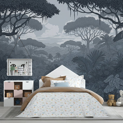 Kids-Mundo misty jungle wall mural bringing a lush, adventurous feel to a playroom