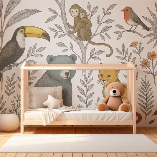 Kids-Mundo grey jungle animals wall mural on a feature wall in a kids bedroom