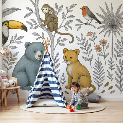 Kids-Mundo line art jungle wall mural with toucan and bear cub styled in a soft nursery