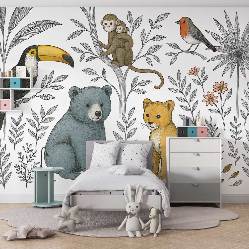 Kids-Mundo hand-drawn jungle mural with monkeys and robin in a bright children's playroom
