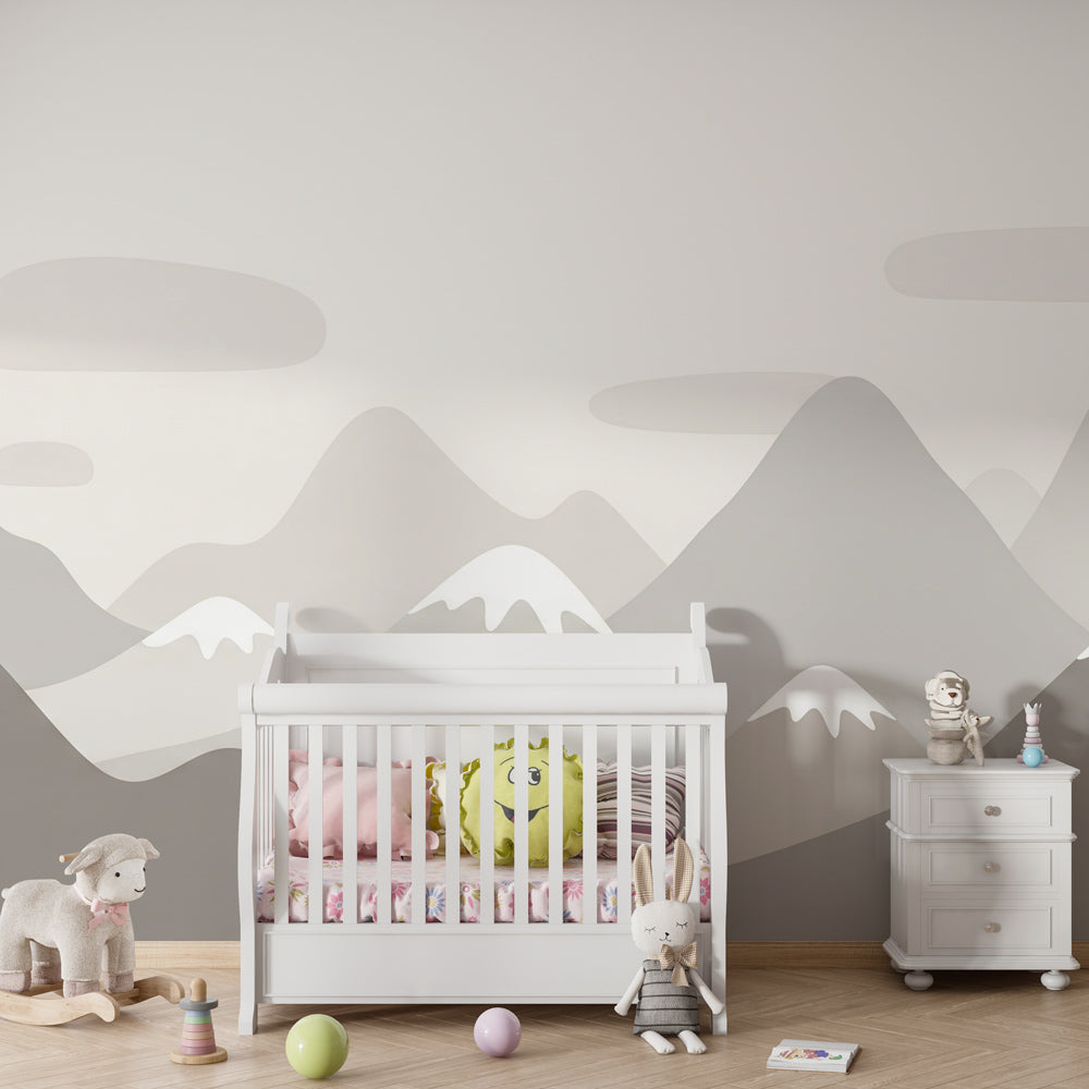 Kids-Mundo grey minimalist mountain mural behind a bed in a modern kids bedroom.